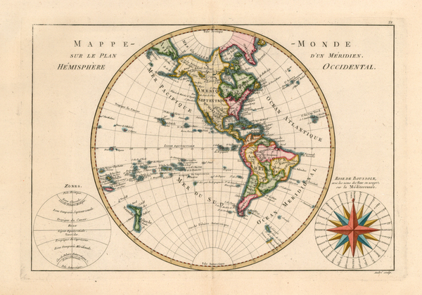 93-World, World, Western Hemisphere and Curiosities Map By Rigobert Bonne