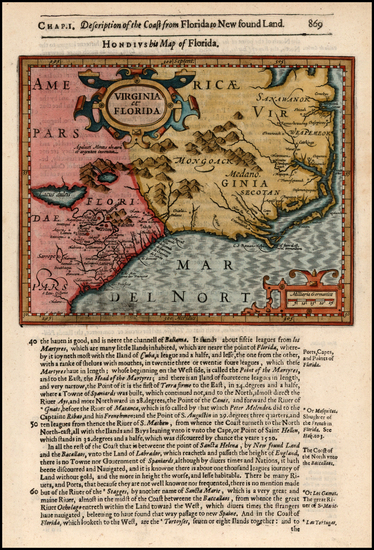 75-Mid-Atlantic and Southeast Map By Jodocus Hondius / Samuel Purchas