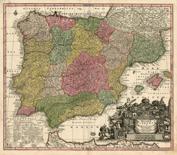 98-Europe, Spain and Portugal Map By Matthaus Seutter