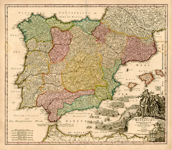 68-Europe, Spain, Portugal and Mediterranean Map By Johann Baptist Homann