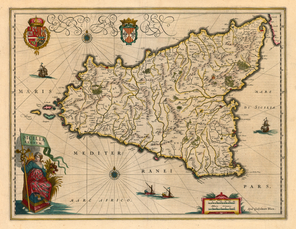 68-Europe, Italy, Mediterranean and Balearic Islands Map By Willem Janszoon Blaeu