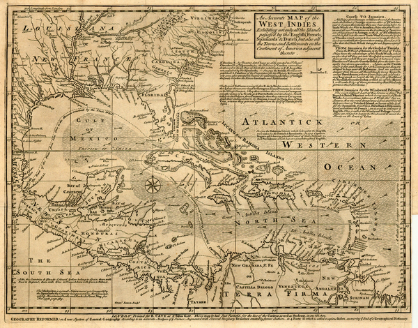 68-South, Southeast, Caribbean and Central America Map By Emanuel Bowen