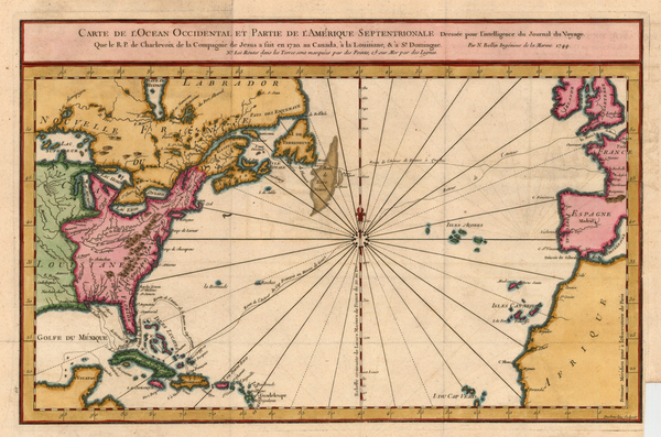 77-World, Atlantic Ocean and North America Map By Jacques Nicolas Bellin