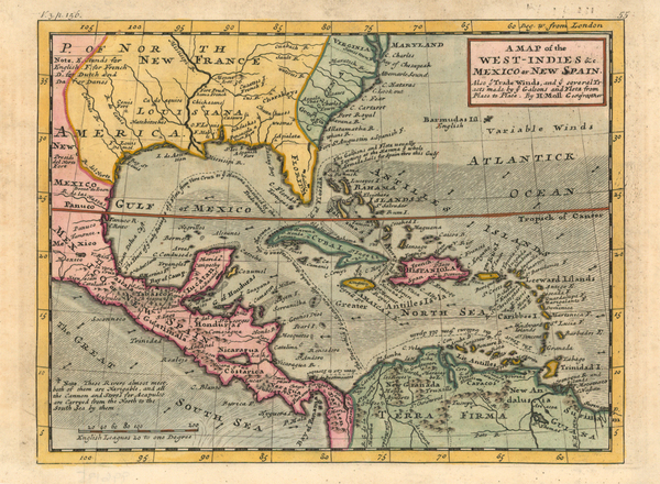 13-South, Southeast and Caribbean Map By Herman Moll