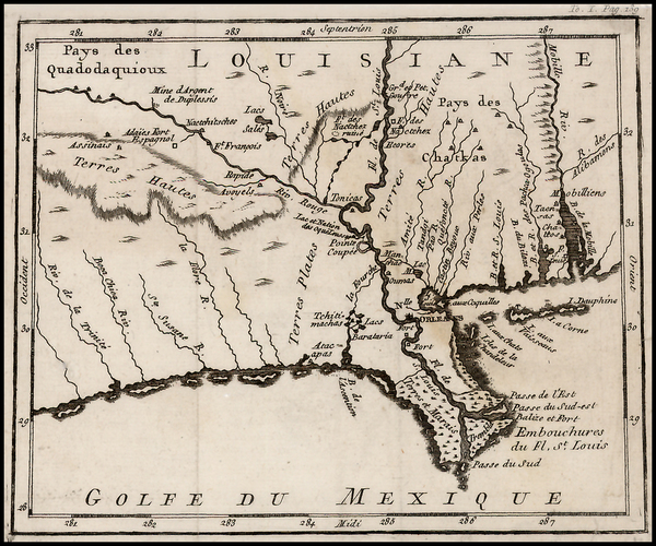 100-South and Texas Map By Antoine-Simon Le Page du Pratz