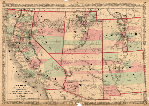 29-Southwest, Rocky Mountains and California Map By Alvin Jewett Johnson  &  Benjamin P Ward