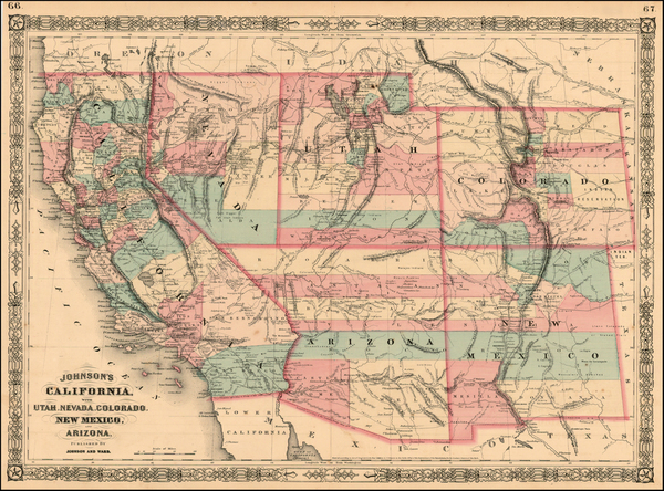 31-Southwest, Rocky Mountains and California Map By Alvin Jewett Johnson  &  Benjamin P Ward