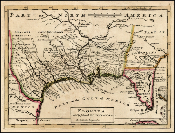 100-South, Southeast, Texas and Southwest Map By Herman Moll