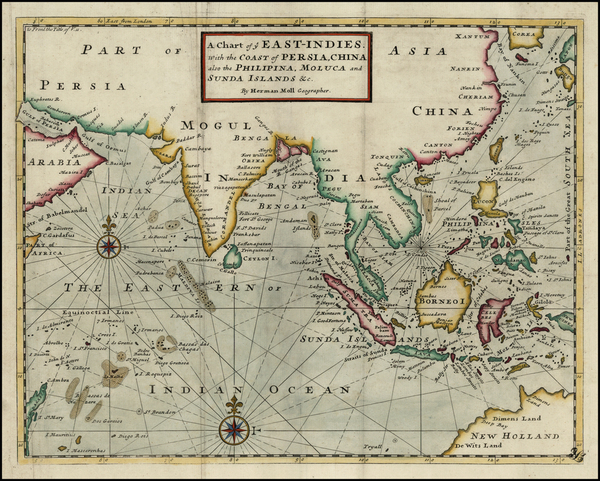 89-China, India, Southeast Asia, Philippines and Other Islands Map By Herman Moll