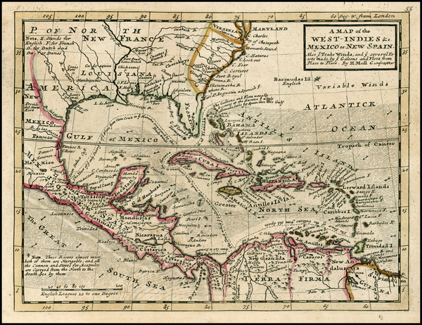 50-South, Southeast and Caribbean Map By Herman Moll