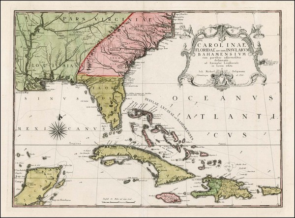 100-Florida, South, Southeast and Caribbean Map By Mark Catesby - Johan Michael Seligmann