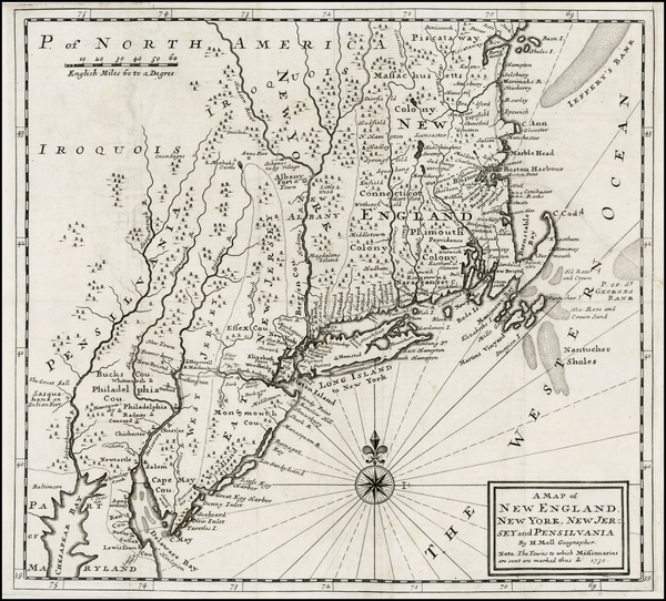 74-New England and Mid-Atlantic Map By Herman Moll