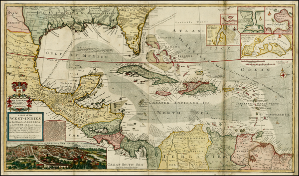 3-South, Southeast, Texas, Caribbean and Central America Map By Hermann Moll