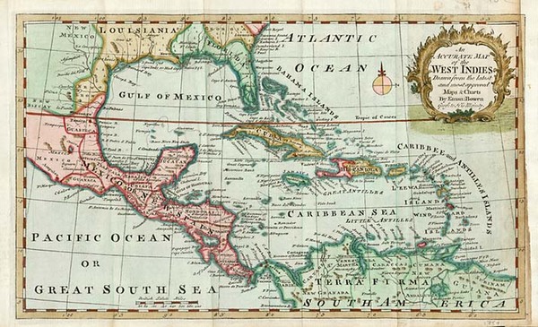 15-South, Southeast, Caribbean and Central America Map By Emanuel Bowen