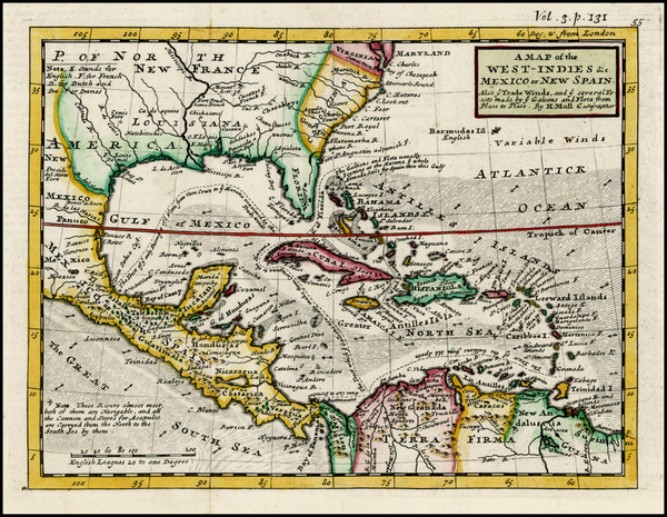 90-South, Southeast and Caribbean Map By Herman Moll