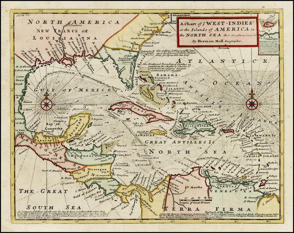 90-South, Southeast, Caribbean and Central America Map By Herman Moll