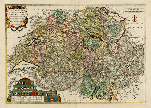 7-Switzerland Map By Nicolas de Fer / Louis Charles Desnos