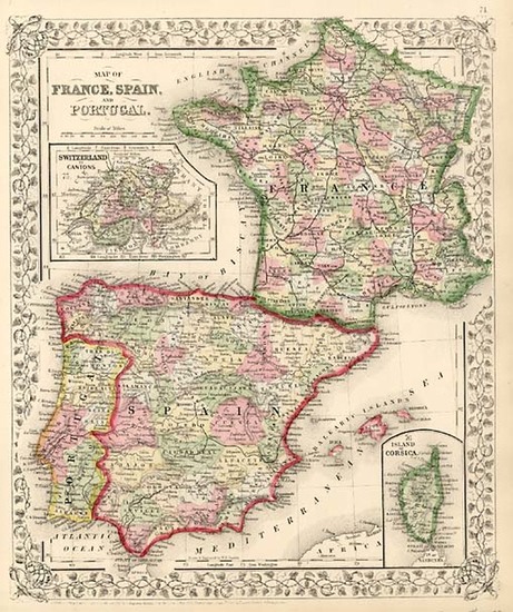 69-France, Spain and Portugal Map By Samuel Augustus Mitchell Jr.