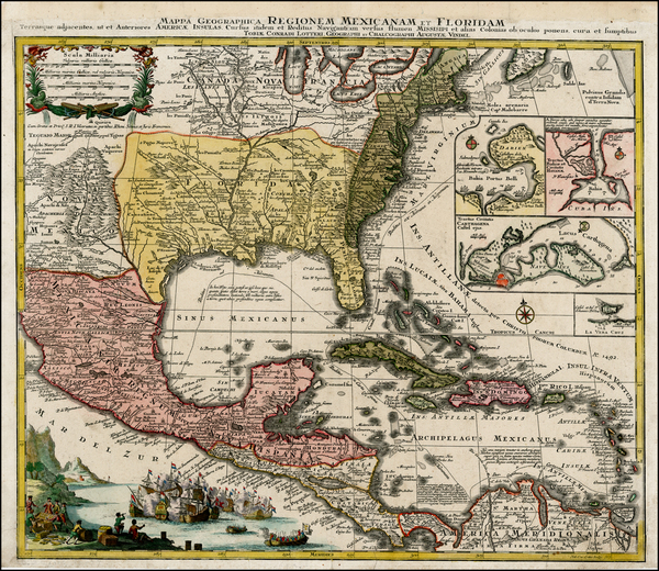 51-Florida, South, Southeast, Texas, Midwest and Caribbean Map By Matthaus Seutter