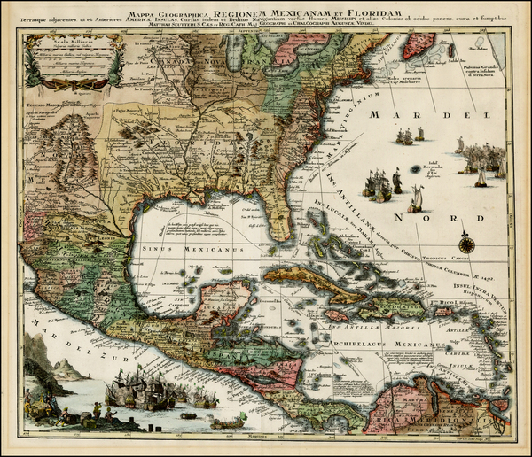 0-Florida, South, Southeast, Texas, Midwest and Caribbean Map By Matthaus Seutter