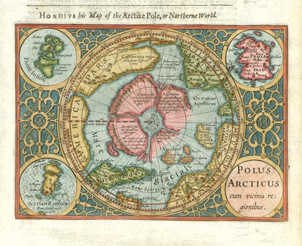 80-World, Northern Hemisphere, Polar Maps and Alaska Map By Jodocus Hondius / Samuel Purchas