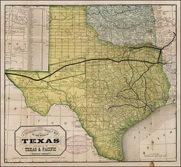 73-Texas Map By Texas & Pacific Railway Company / Woodward, Tiernan & Hale