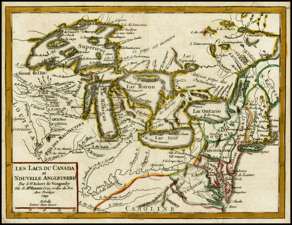 66-United States, New England, Midwest and Canada Map By Gilles Robert de Vaugondy