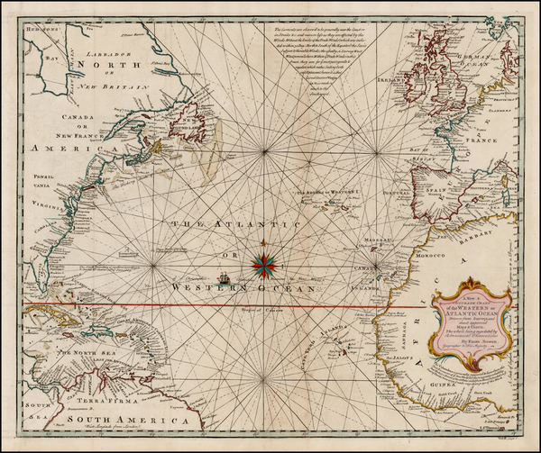 100-Atlantic Ocean, United States, Caribbean and Canada Map By Emanuel Bowen