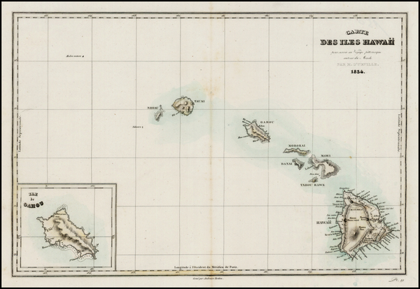80-Hawaii and Hawaii Map By Jules Sebastian Cesar Dumont-D'Urville