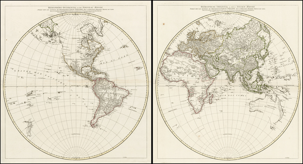 54-World, World, Eastern Hemisphere and Western Hemisphere Map By Jean-Baptiste Bourguignon d'Anvi