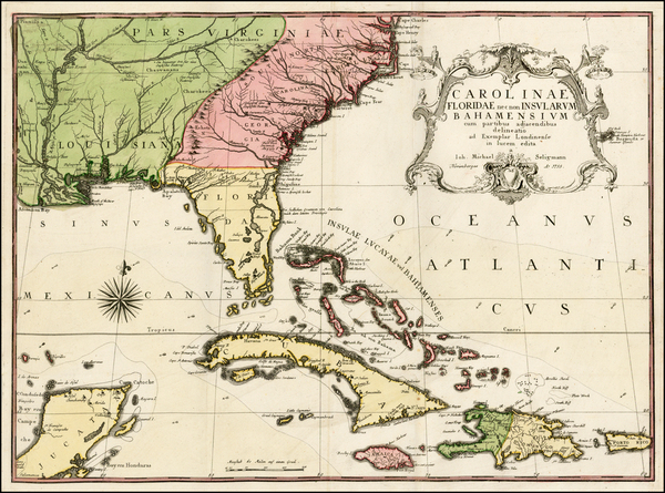 91-Florida, South, Southeast and Caribbean Map By Mark Catesby - Johan Michael Seligmann