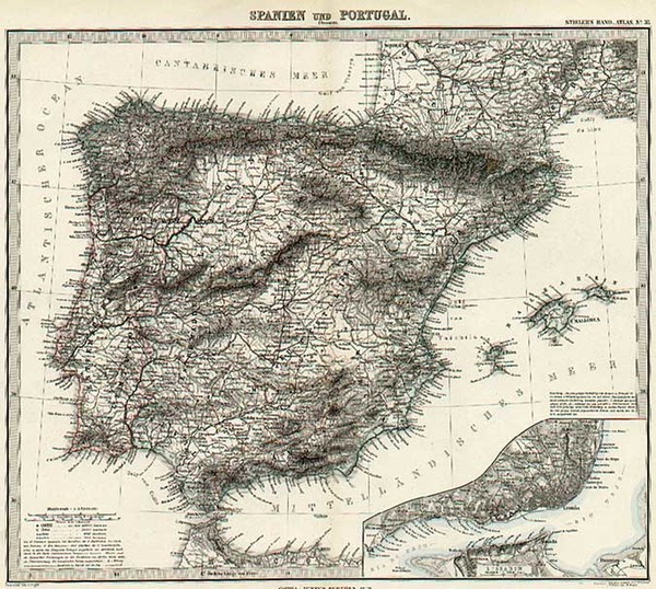 27-Europe, Spain and Portugal Map By Adolf Stieler