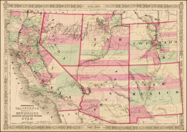 1-Southwest, Rocky Mountains and California Map By Benjamin P Ward  &  Alvin Jewett Johnson