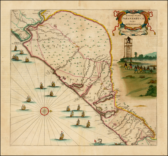 18-Brazil Map By Willem Janszoon Blaeu / Gaspar Barleus