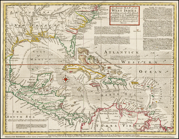 72-Florida, South, Southeast, Caribbean and Central America Map By Emanuel Bowen