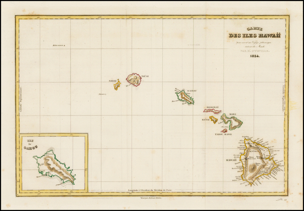 54-Hawaii and Hawaii Map By Jules Sebastian Cesar Dumont-D'Urville