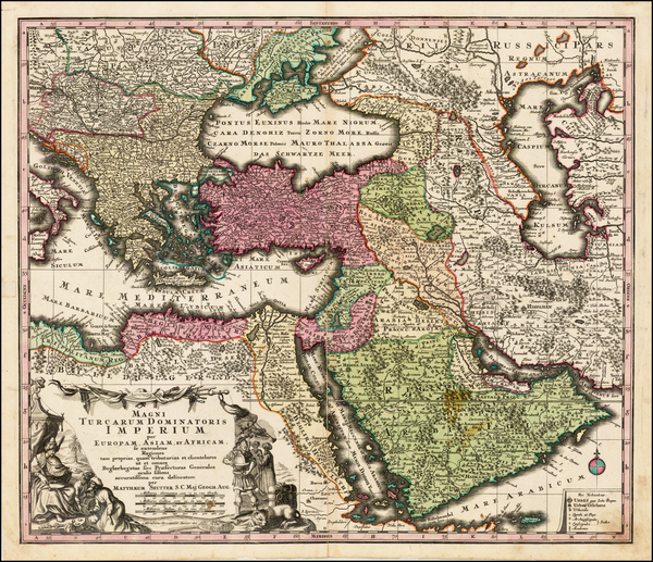 60-Turkey, Mediterranean, Middle East and Turkey & Asia Minor Map By Matthaus Seutter