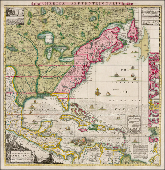 64-United States, North America and Canada Map By Henry Popple