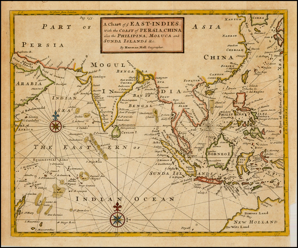 85-Indian Ocean, China, India, Southeast Asia and Philippines Map By Herman Moll