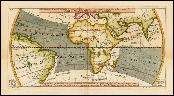 75-World, World, Atlantic Ocean, Africa and Africa Map By Jacques Nicolas Bellin