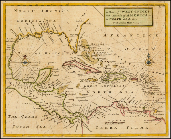 71-South, Southeast, Caribbean and Central America Map By Herman Moll