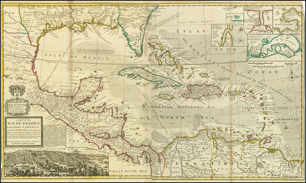 1-South, Southeast, Texas, Caribbean and Central America Map By Hermann Moll