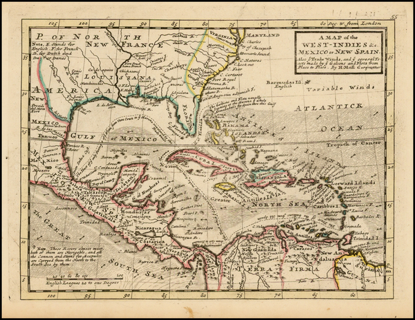 67-South, Southeast and Caribbean Map By Herman Moll