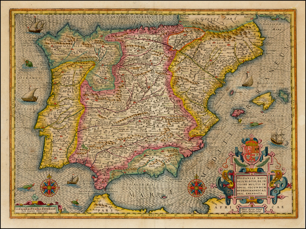 37-Spain and Portugal Map By Henricus Hondius / Petrus Kaerius