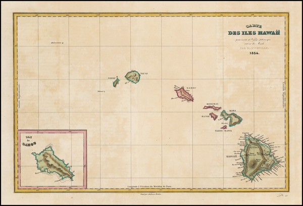 22-Hawaii and Hawaii Map By Jules Sebastian Cesar Dumont-D'Urville