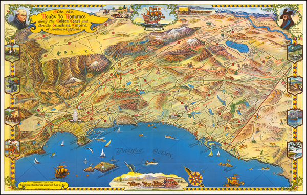 34-Pictorial Maps, California and Los Angeles Map By Roads To Romance Inc.