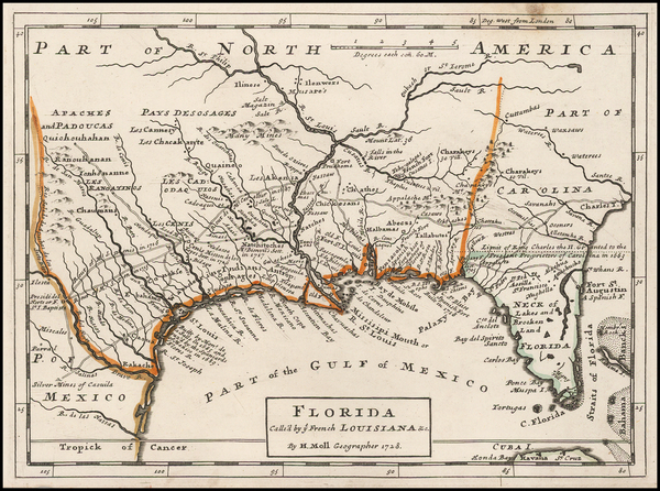 75-Florida, South, Southeast and Texas Map By Herman Moll