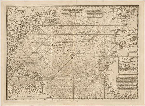 57-Atlantic Ocean and Caribbean Map By Emanuel Bowen