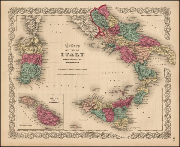 57-Italy, Southern Italy, Mediterranean and Balearic Islands Map By Joseph Hutchins Colton