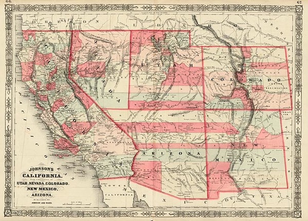 23-Southwest, Rocky Mountains and California Map By Benjamin P Ward  &  Alvin Jewett Johnson